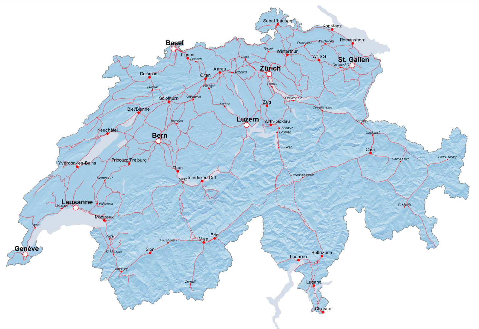 Switzerland topography and train network
